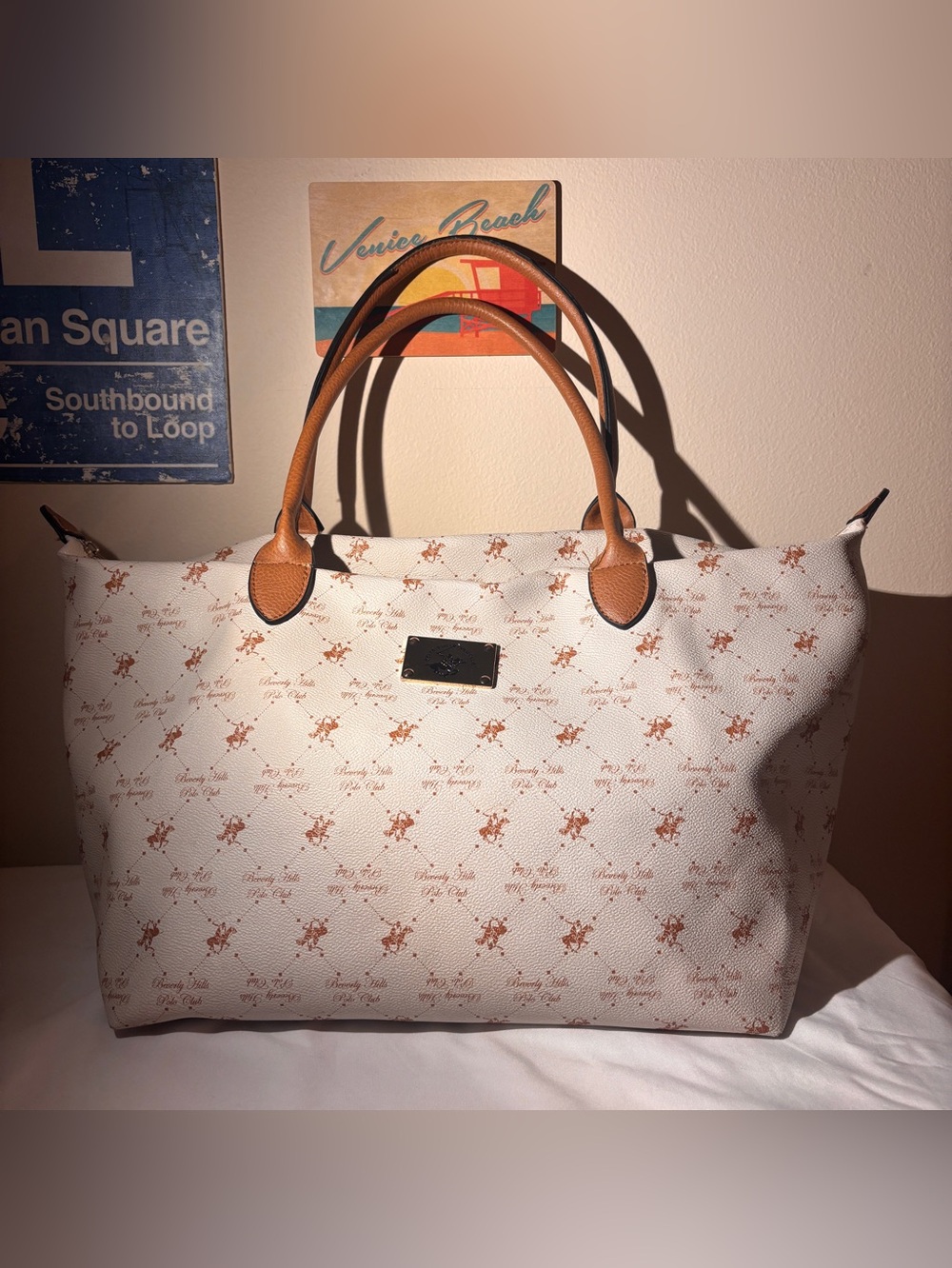 Beverly Hills Polo Club White Monogram Tote with Tan Handles - Logo Print